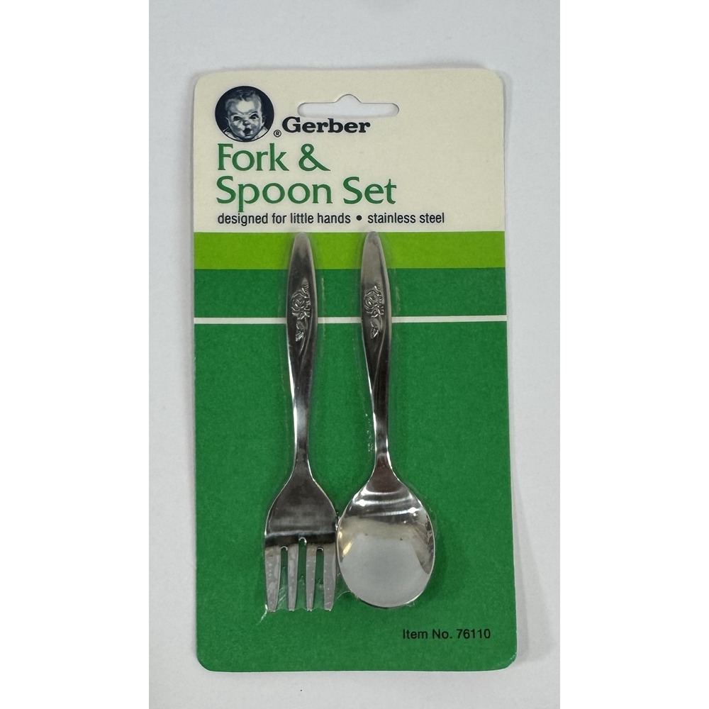 Vintage 1983 Gerber Baby Fork Spoon Set NOS Stainless Steel Sealed Taiwan Rose